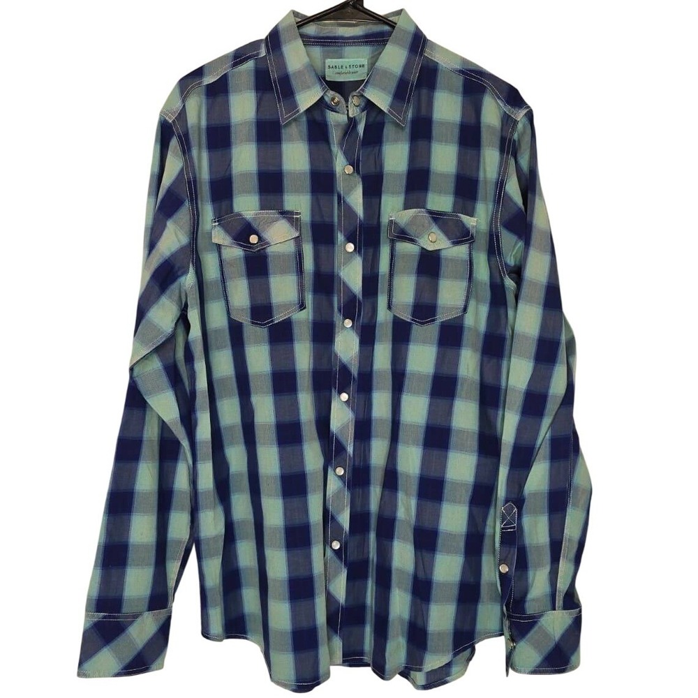 Sable & Stone Mens Blue Teal Plaid Pearl Snap Western Shirt Large L Cotton